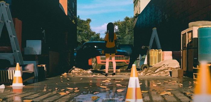 4K, outdoors, car, ladders, women, anime girls, standing, vehicle, women outdoors, urban, anime, dark hair
