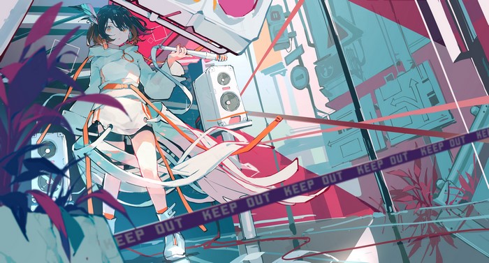 4K, anime, speakers, Aamond777, anime girls, dark hair, ribbons, short hair