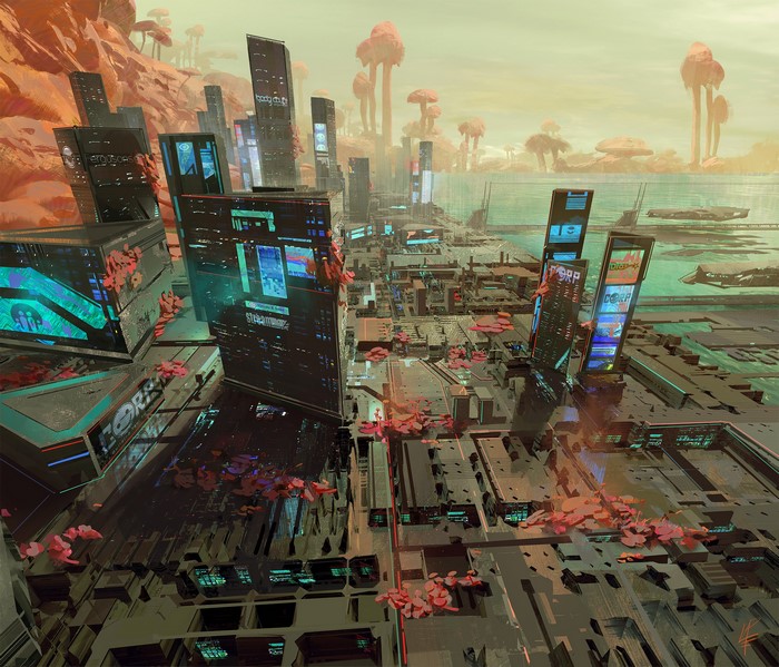 cyberpunk, futuristic city, digital painting, city lights, digital art, futuristic, ArtStation, Logan Preshaw, drawing, cityscape, artwork, city