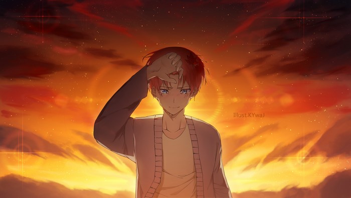 4K, sky, anime, anime boys, redhead, sunlight, looking at viewer, tears, blue eyes