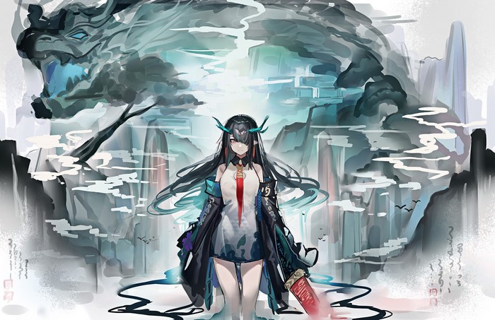 dragon girl, Dusk (Arknights), anime girls, Arknights, ECHJ, anime