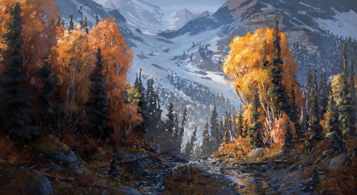 digital art, ArtStation, artwork, Calder Moore, yellow leaves, tree trunk, White Mountains, snow, snow covered, drawing, landscape, trees, leaves, digital painting, tree bark, mountains