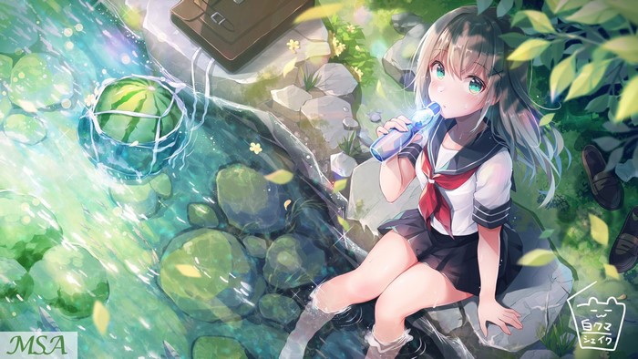 brunette, Shiro Kuma Shake, school uniform, watermelons, water bottle, aqua eyes, blush, anime girls, anime