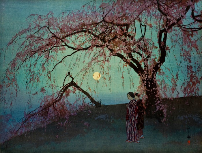 4K, women, Ukiyo-e, artwork, painting, water, Japanese clothes, Japanese Art, trees, moonlight, Yoshida Hiroshi, cherry blossom