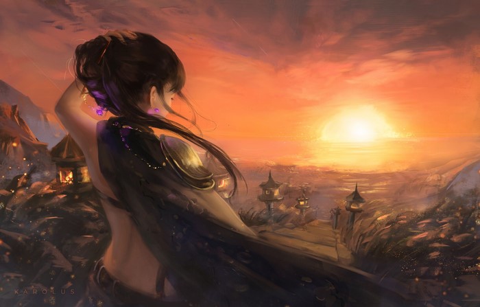 sunset, digital art, original characters, fantasy girl, Karolus Wijaya