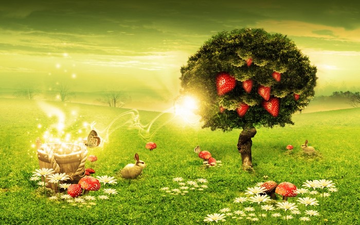 fly agaric, rabbits, green, strawberries