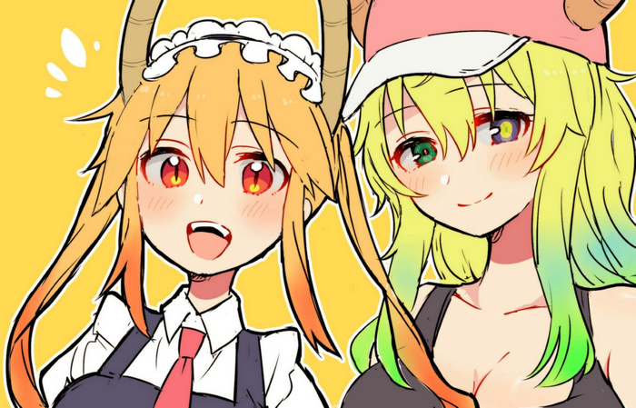 orange eyes, maid outfit, twintails, Quetzalcoatl (Kobayashi-san Chi no Maid Dragon), anime, dragon girl, maid, anime girls, Tohru (Kobayashi-san Chi no Maid Dragon), long hair, blonde, horns, heterochromia, Kobayashi-san Chi no Maid Dragon, red tie