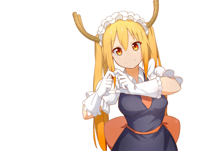Tohru (Kobayashi-san Chi no Maid Dragon), anime, maid outfit, long hair, blonde, horns, orange eyes, anime girls, maid, white background, twintails, dragon girl, Kobayashi-san Chi no Maid Dragon
