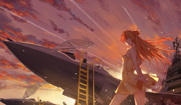 YeeL, Neon Genesis Evangelion, F-35, anime girls, anime, Asuka Langley Soryu, aircraft