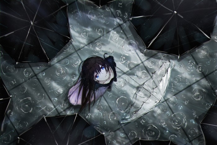 cleavers, shiro no kitsune, long hair, bangs, looking at viewer, standing, 2D, original characters, anime girls, blue eyes, rain, anime, brunette, looking up, umbrella, top view