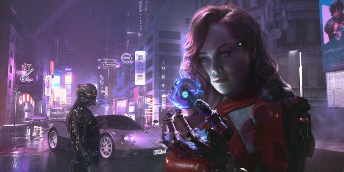 women, futuristic, city, science fiction women, redhead, car, science fiction, Liam Feng, vehicle