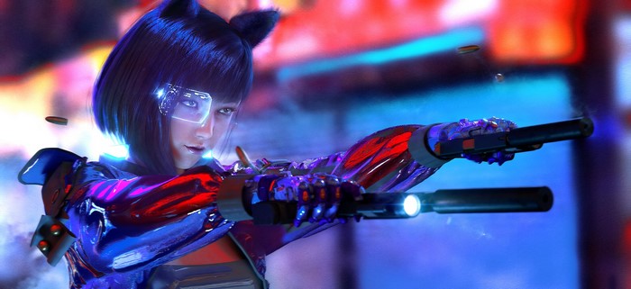 science fiction women, Asian, science fiction, gun, digital art, Liam Feng, dark hair, animal ears, aiming, weapon, women, girls with guns