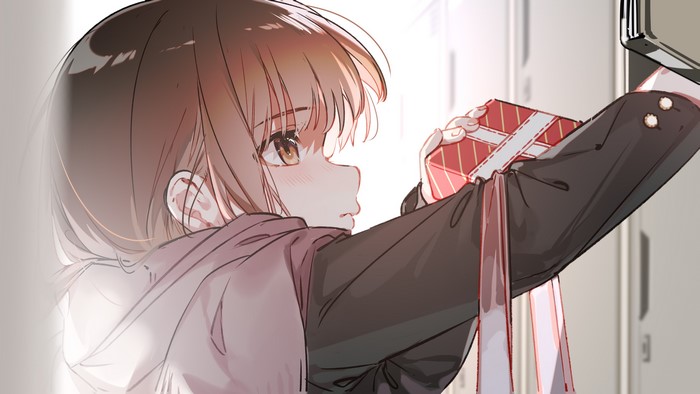 4K, brunette, Al Mican, blush, anime, gift, looking away, scarf, long hair, brown eyes, anime girls