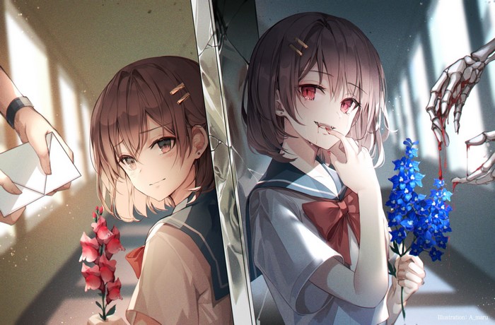 ekvmsp02, brunette, fangs, blood, tears, brown eyes, red eyes, school uniform, anime girls, anime