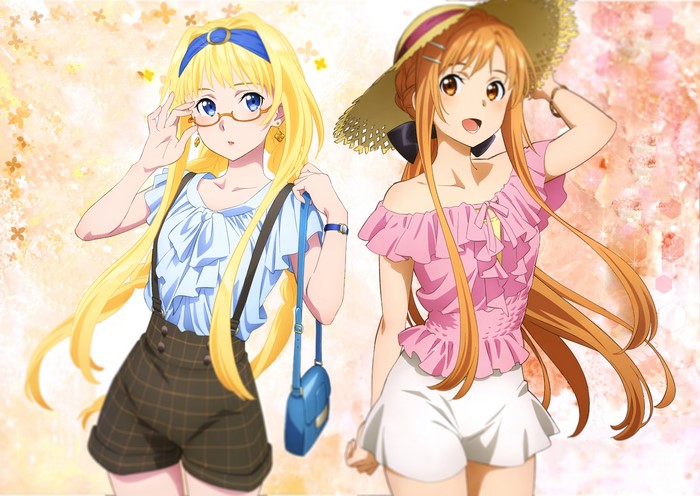 4K, anime girls, brunette, brown eyes, Alice Zuberg, glasses, blonde, blue eyes, long hair, straw hat, Yuuki Asuna, shorts, Sword Art Online