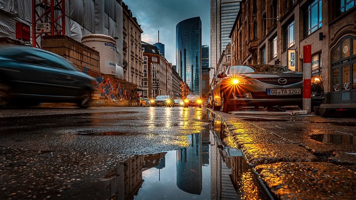 cranes (machine), photography, puddle, Headlights, reflection, graffiti, lights, car, traffic, street, night, building, city, Timo Gebel, cityscape, wet