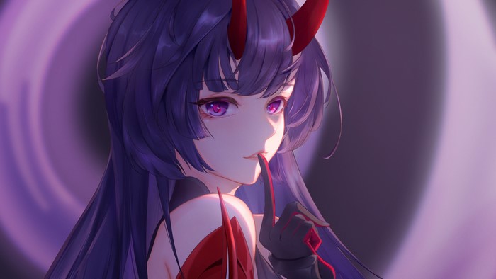 Honkai Impact 3rd, purple hair, anime girls, purple eyes, Raiden Mei, anime, Maruko Le, horns, Honkai Impact