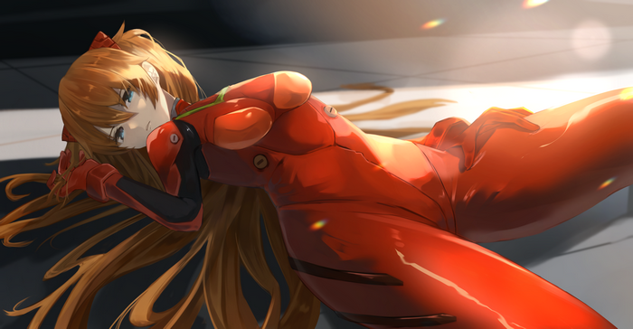 4K, bodysuit, anime, plugsuit, Asuka Langley Soryu, anime girls, Neon Genesis Evangelion, lying on back, blue eyes, redhead
