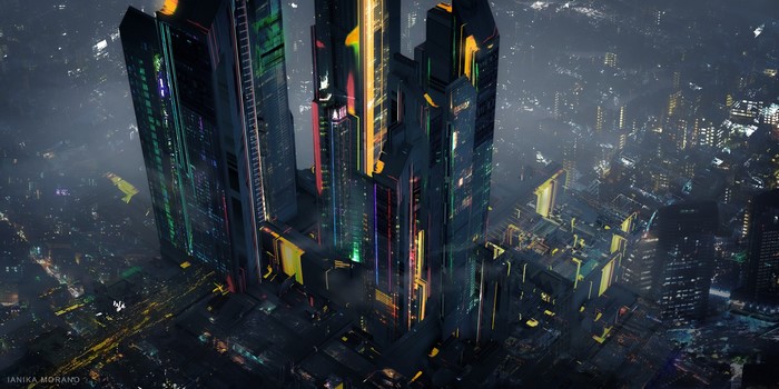 high angle, city lights, ArtStation, futuristic, aerial view, Ianika Morano, building, cityscape, city, lights, futuristic city, digital art, artwork