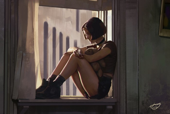 short hair, digital art, ArtStation, cigarettes, teddy bears, legs, Natalie Portman, shorts, women, arms crossed, choker, by the window, drawing, alone, legs together, artwork, Sloth Being (artist), sitting, digital painting, T-shirt, Léon: The Professional