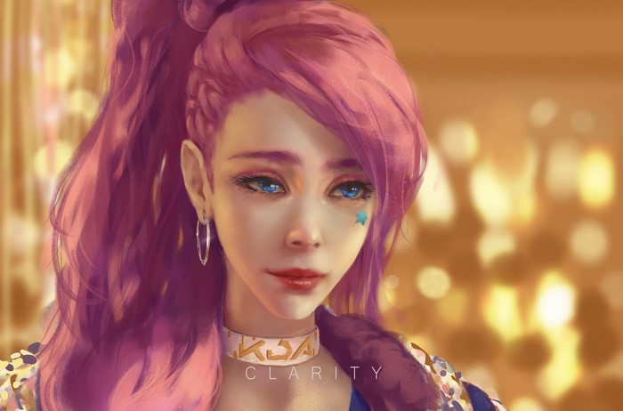 CLA RITY, artwork, digital art, video game girls, Seraphine (League of Legends), face, ponytail, women, video games, digital painting, earrings, video game art, League of Legends, fan art, K/DA, blue eyes, choker, ArtStation, pink hair, drawing, Seraphine