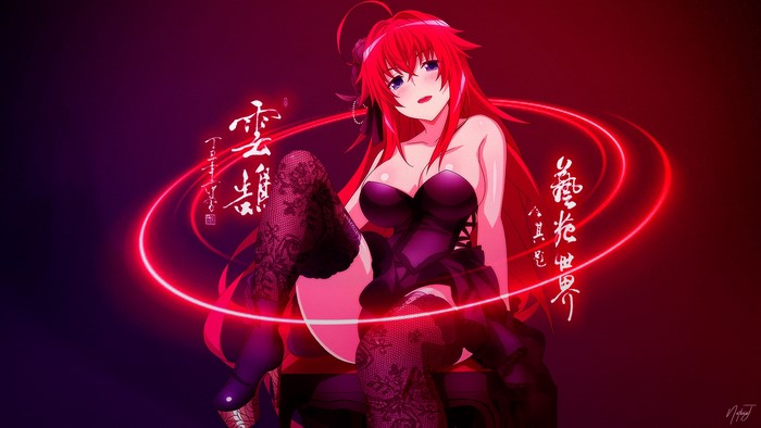 readhead, studio, anime girls, barefoot, black stockings, kanji, neon, anime, High School DxD, lying on front, Gremory Rias, red, bunny suit