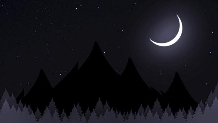 4K, stars, valley, black, night, sky, trees, dark, crescent moon