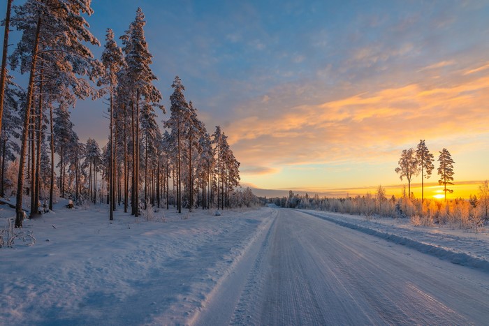 4K, sunset, pine trees, clouds, sky, nature, Finland, winter, landscape, snow, trees, road