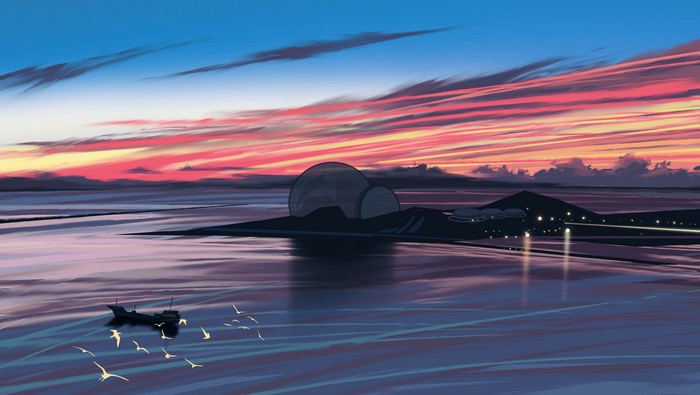4K, sky, sea, Fangpeii, sunset, landscape, ship, digital art