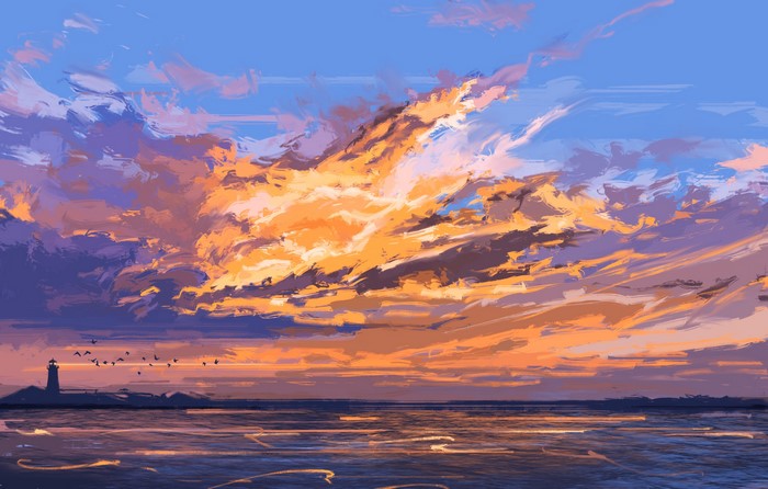 digital art, clouds, sky, lighthouse, landscape, Fangpeii, sea
