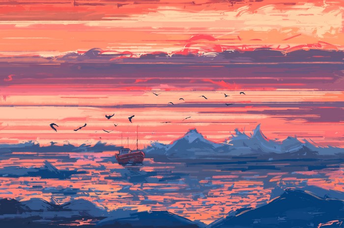 sky, landscape, ship, digital painting, Arctic, Fangpeii