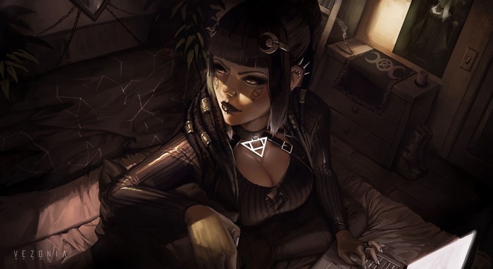 boobs, artwork, women indoors, indoors, piercing, ArtStation, long hair, women, cleavage, dark hair