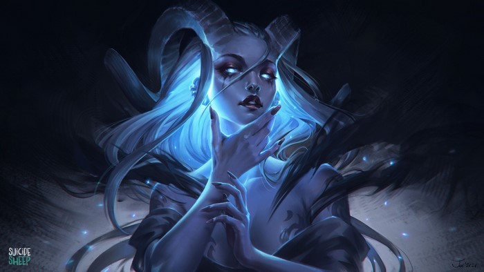 Demon Girl with Horns and Painted Nails