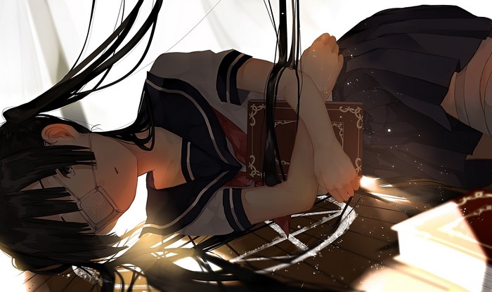 eyepatches, pentagram, Yuzua, anime, tears, books, twintails, anime girls, lying on side, school uniform