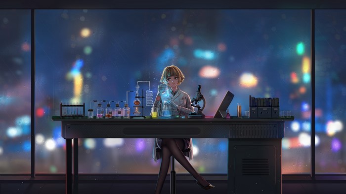 4K, window, Jesson .W (artist), digital, science, rain, table, microscope, chair, legs crossed, water drops, bob hairstyle, brunette, flask, original characters, blunt bangs, pantyhose, artwork, 2D, sitting, women, black pantyhose, lab coats, chemistry, desk, colorful