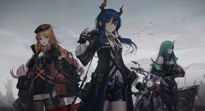 4K, Chen (Arknights), Hoshiguma (Arknights), anime, sketch (artist), Swire (Arknights), anime girls, Arknights