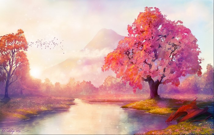 mountains, artwork, digital art, WinterKeep, dragon, fantasy art, landscape, digital painting, river, trees, Ben J, environment, drawing, illustration, digital