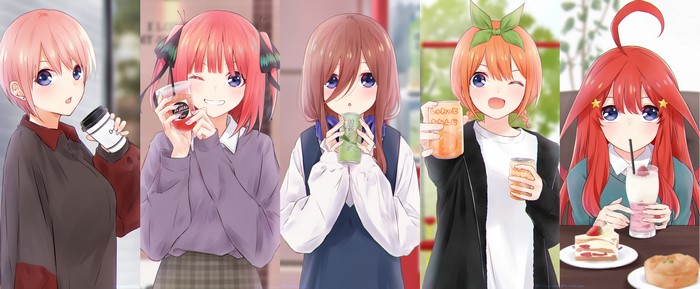 4K, smiling, Nakano Nino, arms up, one eye closed, JK, drinking straw, headphones, purple nails, pink hair, white t-shirt, looking at viewer, soda, bangs, drinking, blurred, redhead, milkshake, Nakano Itsuki, hair ribbon, fan art, pink nails, sitting, 2D, black jackets, braids, coffee cup, 5-toubun no Hanayome, Nakano Miku, blue eyes, anime girls eating, Nakano Yotsuba, long hair, sisters, anime, black ribbons, ahoge, casual, can, anime girls, blushing, open mouth, Nakano Ichika, short hair
