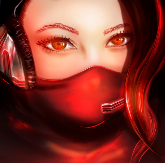 digital art, Natalia Romero Núñez, artwork, digital painting, portrait, headphones, red eyes, women, mask, drawing, ArtStation, red, face