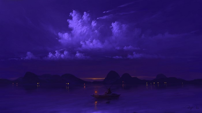 boat, digital art, lantern, sky, water, BisBiswas, night