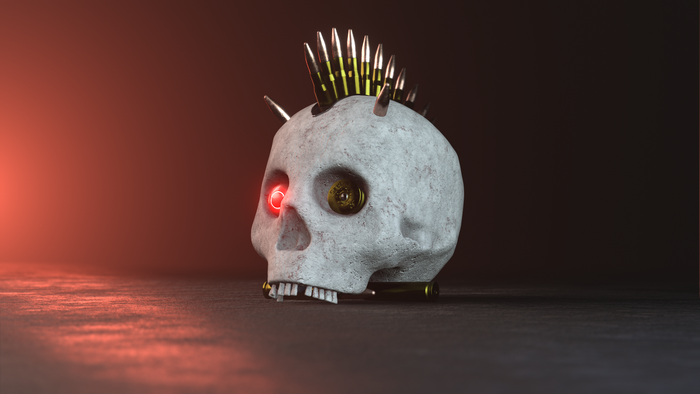 mohawk, lights, skull, cyber, bullet, punk, 3D, glowing, PunkCrow, robotic, blooms, screen shot