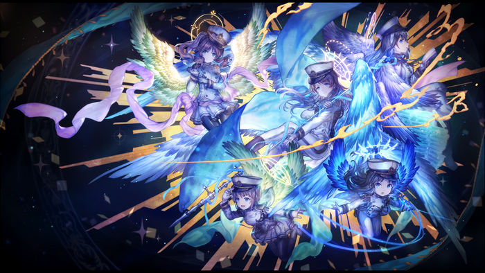 anime girls, uniform, wings, landscape