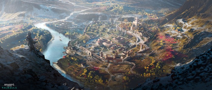 4K, landscape, artwork, digital art, concept art, video games, lake, fan art, aerial view, ArtStation, Assassins Creed, standing, alone, Tony Zhou Shuo, video game art, digital painting