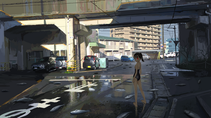 school swimsuits, underpass, anime girls