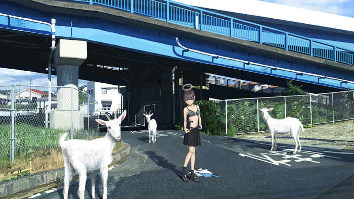 Anime Girl and Goats Near Underpass