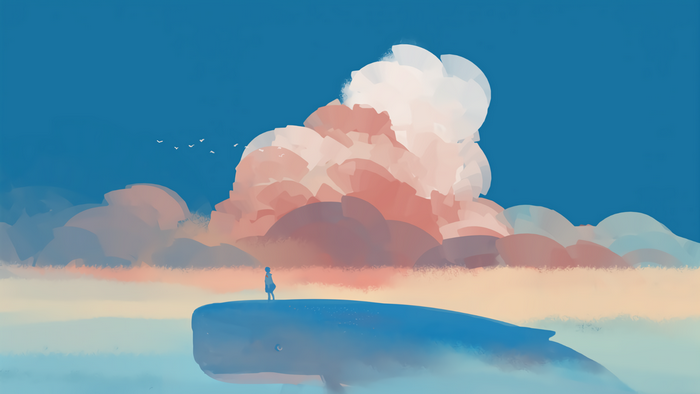 birds, clouds, sky, whale