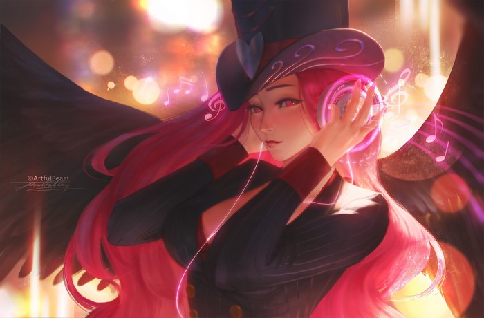 digital art, drawing, wings, music, artwork, cleavage, looking at viewer, pink hair, Paul Nong, black dress, headphones, ArtStation, women, pink eyes, hat, Black wings, women with hats