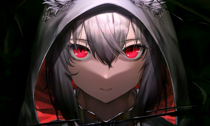 anime, red eyes, anime girls, closeup, gray hair, hoods