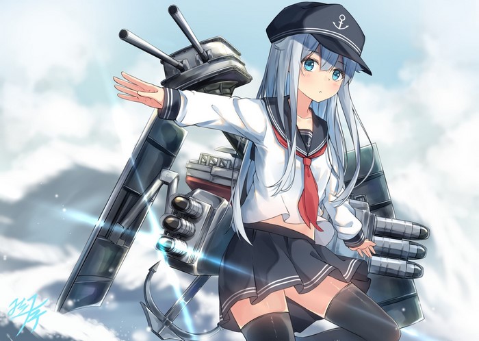 Kantai Collection, thigh-highs, blue eyes, anime girls, Miko fly, sailor uniform, Hibiki (KanColle), silver hair