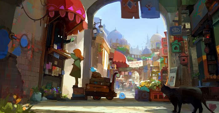 A girl and a cat in a vibrant fantasy city